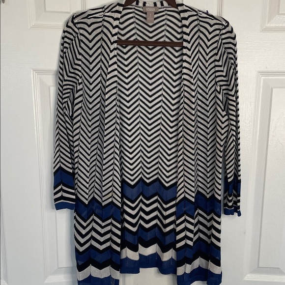 Chico's Chevron 3/4 Sleeve Open Sweater Cardigan Duster Black & Blue Cardigan - Picture 1 of 5